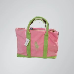 New Polo Ralph Lauren Pink & Green Canvas Tote Handbag
